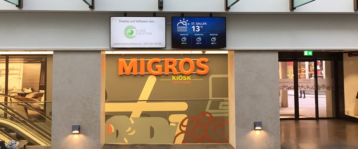 Spisermarkt St.Gallen Informationsbildschirm Video Wall von mysigange